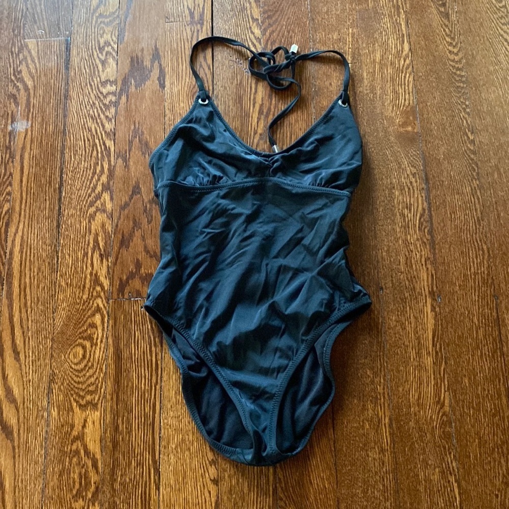 New York & Company Black One Piece Swimsuit Halter Ruched Front SIZE M
